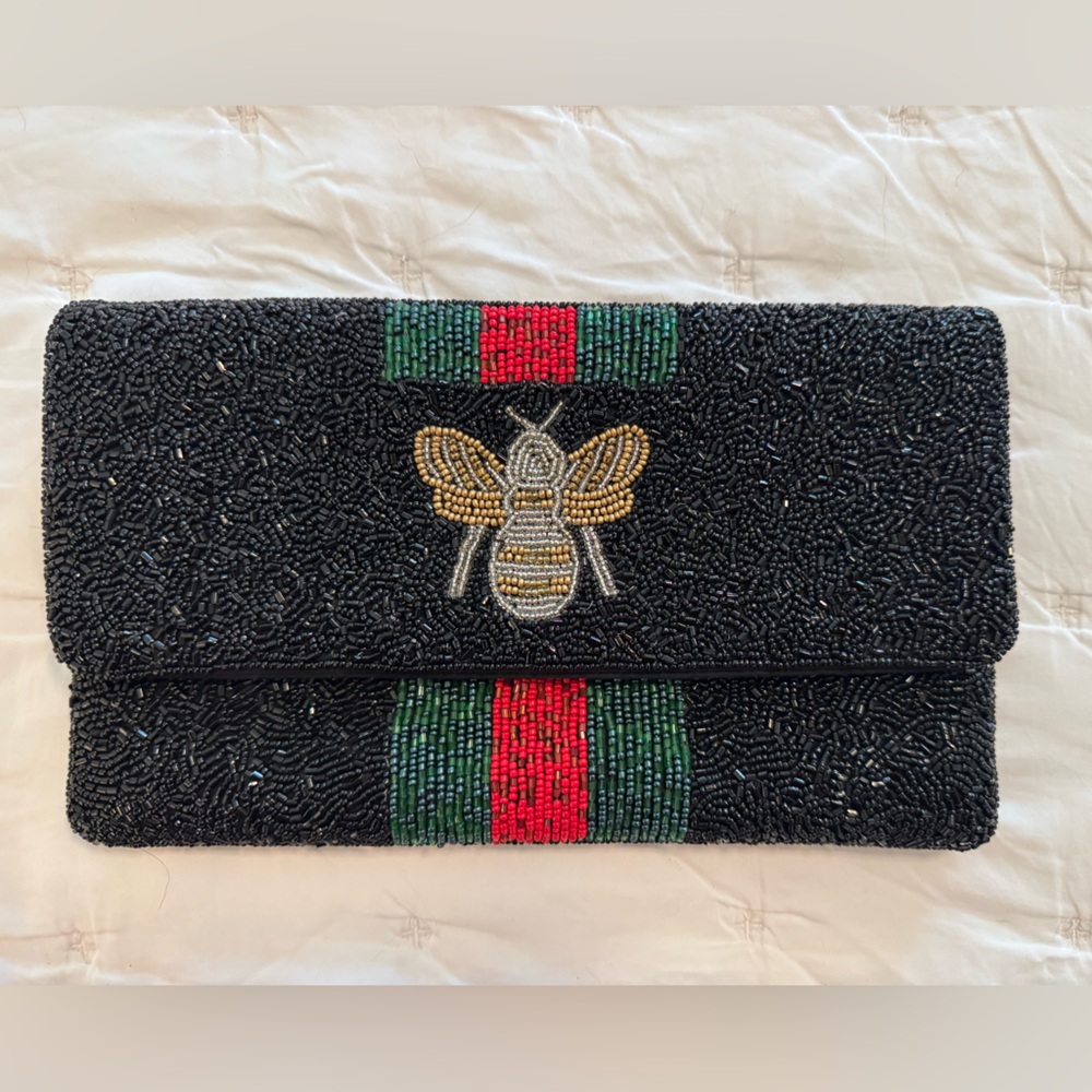 Black Beaded Clutch with Bee Design